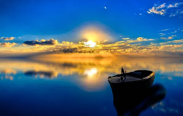 Картинка пейзаж, закат, озеро, отражение, лодка