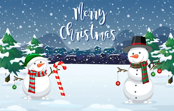 Картинка Зима, Снег, Улыбка, Рождество, Новый год, Двое, Merry Christmas, Снеговики
