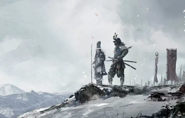 Картинка зима, снег, азия, япония, воины, самураи, военачальники, David Benzal
