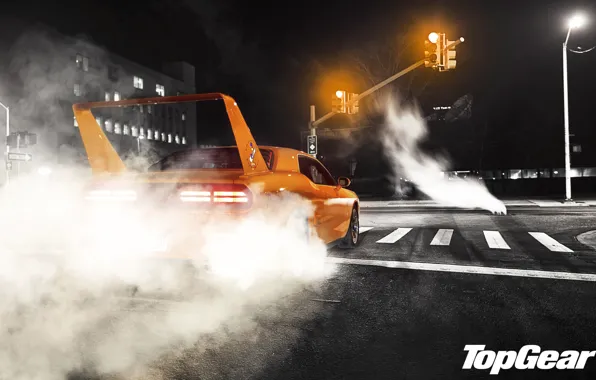 Картинка ночь, оранжевый, улица, тюнинг, дым, светофор, Top Gear, Dodge
