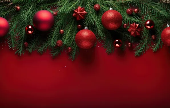 Украшения, красный, фон, шары, Новый Год, Рождество, red, new year