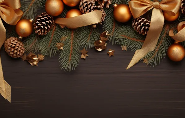 Картинка украшения, темный фон, шары, рамка, Новый Год, Рождество, dark, golden