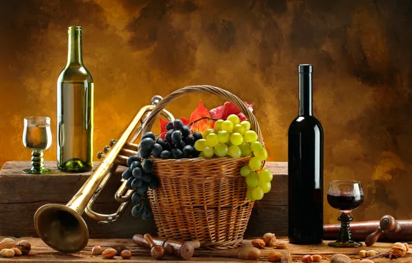 Картинка вино, красное, белое, корзина, труба, виноград, орехи