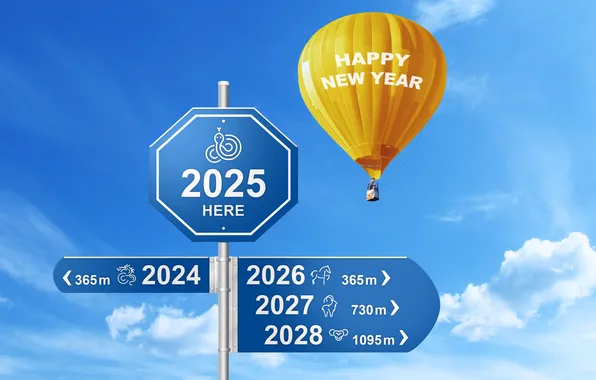 New year, happy new year, hot air balloon, traffic sign, 2025 year