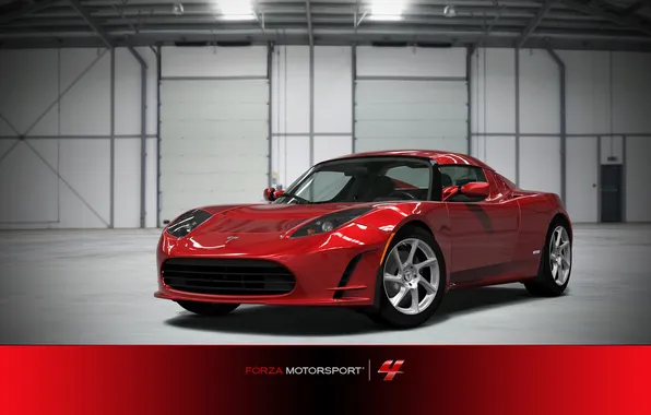 Линии, блики, гараж, красная, модернизация, Forza Motorsport 4, Tesla Roadster Sport