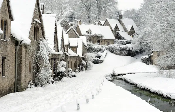Зима, снег, англия, деревушка, Bibury