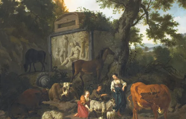 Масло, картина, холст, Dirck van Bergen, 1690, Дирк ван Берген, Пейзаж с Пастухами и Скотом …