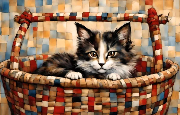 Кошка, взгляд, поза, котенок, мордашка, корзинка, сидит в корзинке, ИИ-арт