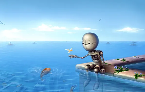 Картинка море, рыбки, Робот, горизонт