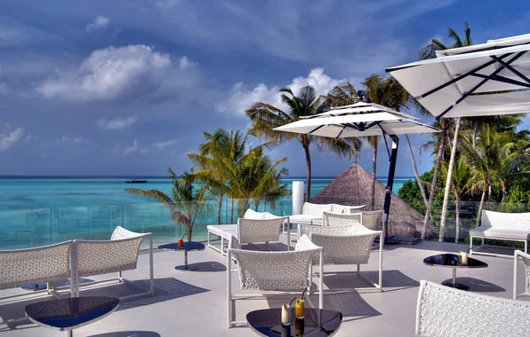 Картинка пальмы, отдых, мебель, зонтики, Мальдивы