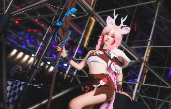 Beautiful, Asian, Model, Woman, Pretty, Cosplay, Staff, Pink Hair