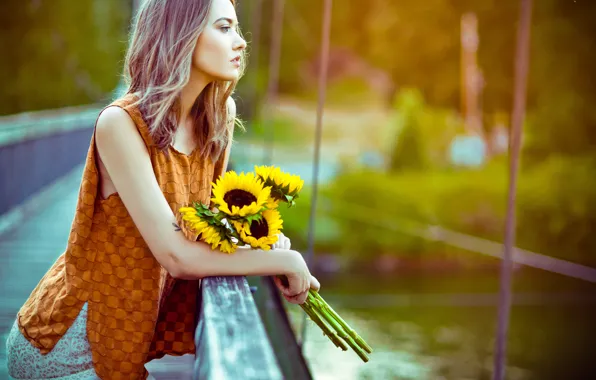 Картинка девушка, подсолнухи, цветы