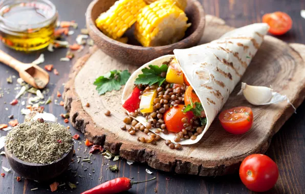 Кукуруза, овощи, помидоры, food, специи, лепешка, mexican, tortilla