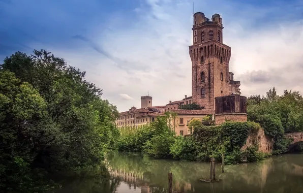 Небо, облака, деревья, река, здание, башня, Италия, Astronomical Observatory Padova