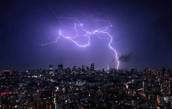Небо, ночь, огни, молнии, панорама, Tokyo, Japan