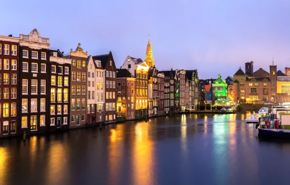 Ночь, city, город, lights, огни, река, Амстердам, panorama