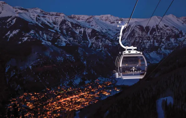 Горы, город, огни, вечер, фуникулер, gondola, SnowBound, Telluride Ski Resort