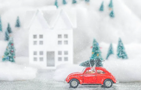 Картинка зима, снег, игрушка, елка, Volkswagen, Рождество, Новый год, ёлка