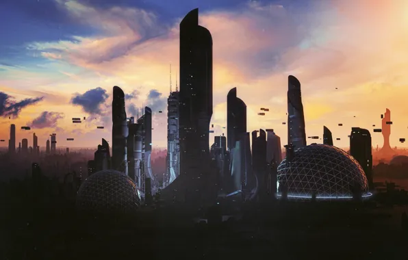 Город, Неон, Стиль, Небоскребы, Здания, City, Fantasy, Архитектура