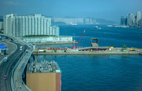 Картинка дорога, мост, city, Гонконг, road, bridge, гавань, Hong Kong