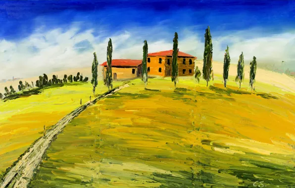 Пейзаж, дом, картина, Италия, Тоскана