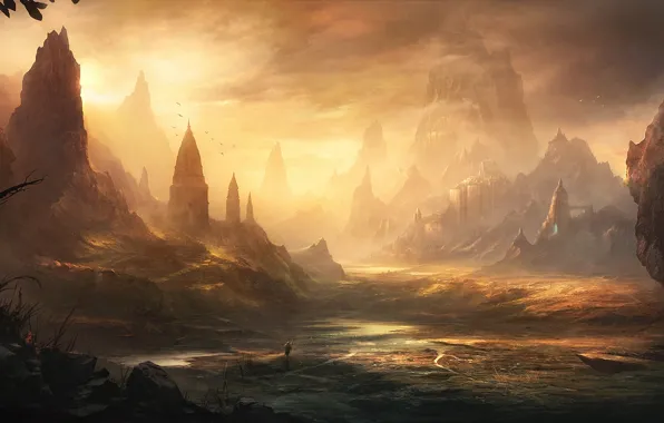Картинка вода, пейзаж, закат, замок, скалы, человек, долина, арт