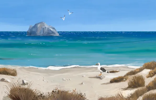 Картинка песок, море, трава, птицы, скала, берег, чайки, арт