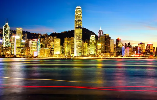 Ночь, город, огни, Гонконг, небоскребы, подсветка, Китай, Азия