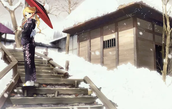 Картинка девушка, зонтик, кимоно