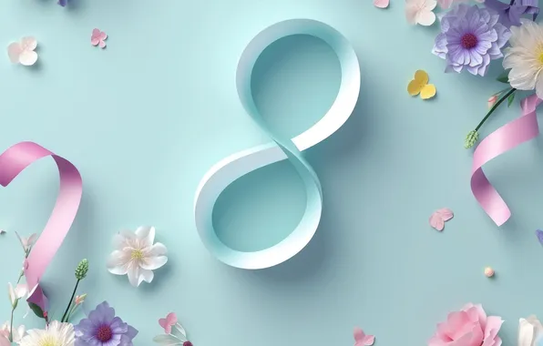 Цветы, праздник, весна, цифра, 8 марта, поздравление, открытка, восемь