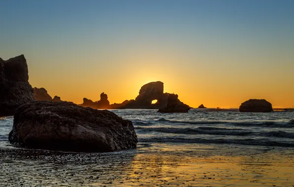 Пляж, скалы, рассвет, Oregon, Indian Beach