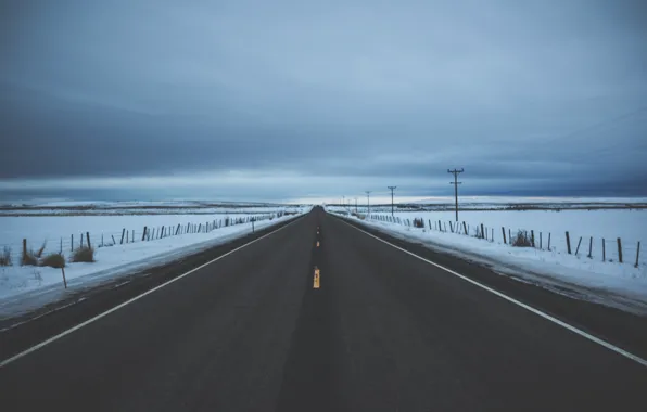 Road, winter, clouds, snow, hills, fence, power line