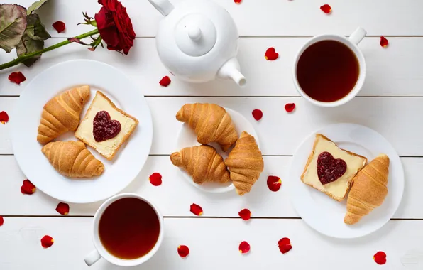 Кофе, завтрак, сердечки, love, rose, heart, cup, romantic