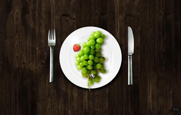 Картинка тарелка, виноград, вилка, ножик