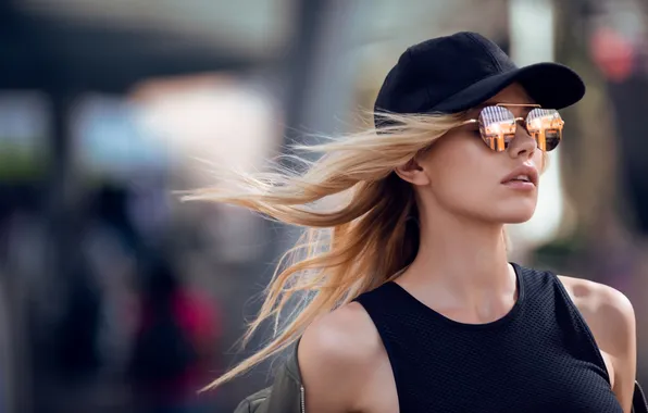 Fashion, long hair, model, blonde, women outdoors, baseball caps