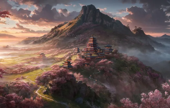 Road, sunset, mountain, sakura, Asia, temple, bloom