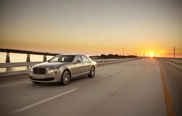 Дорога, закат, мост, скорость, Bentley, Speed, Mulsanne