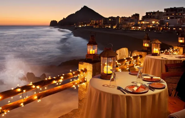 Берег, вечер, ресторан, Beach, ужин, Candlelight, Dinner