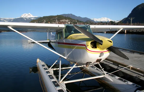 Lake, pier, water mirror, yellow lines, Hydroavion