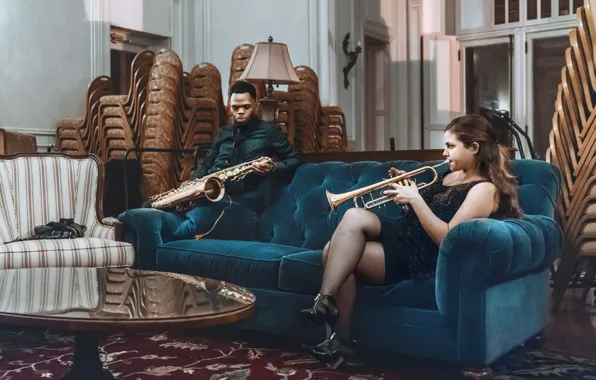 Girl, blue, man, living room, sofa, velvet, saxophone, musicians