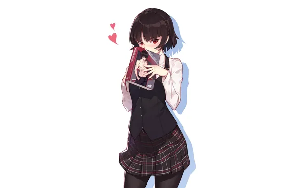 Девушка, белый фон, книга, Persona 5, Персона 5