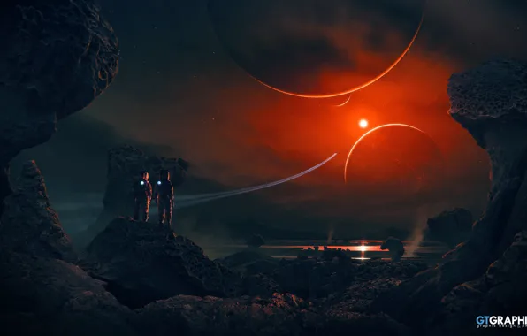 Звезда, планета, космонавты, след в небе, Trappist Explorer