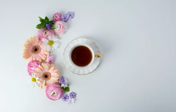 Картинка цветы, кофе, чашка, pink, flowers, cup, coffee, tender