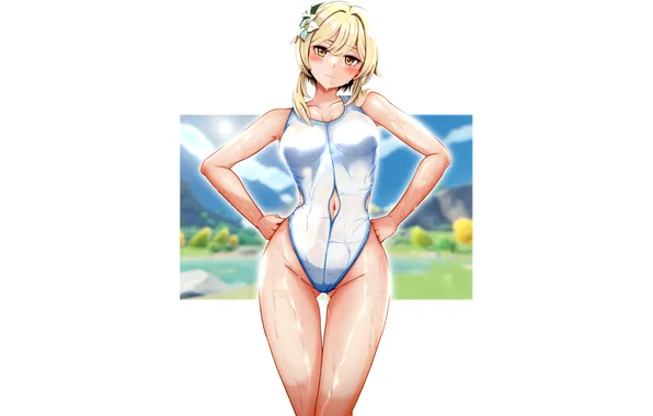 Girl, sexy, wet, boobs, sexy girl, blush, anime, flowers
