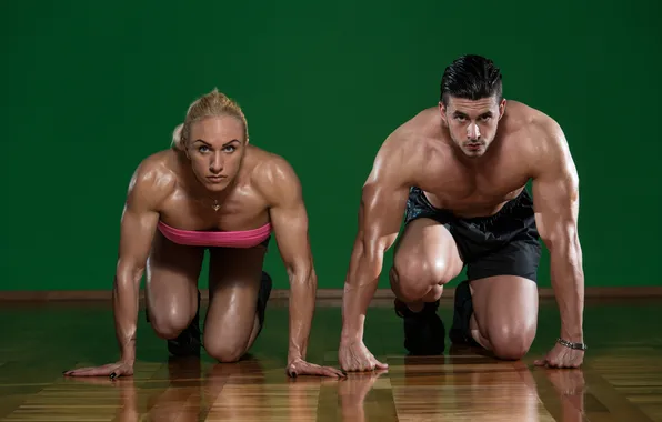 Woman, muscle, man, pose, bodybuilders