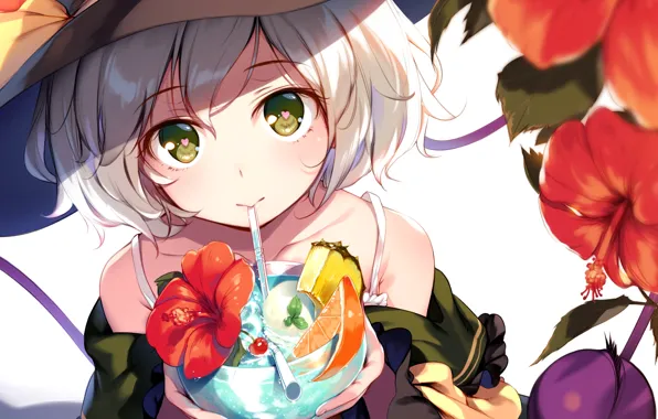 Лицо, шляпа, коктейль, трубочка, зеленые глаза, красные цветы, Touhou Project, Проект Восток