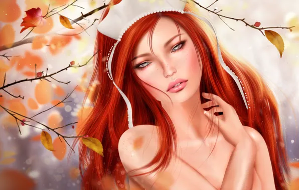 Картинка девушка, осень, рыжая, листья