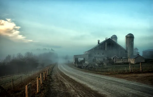 Картинка дорога, пейзаж, туман, забор, HDR