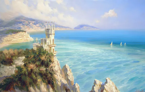 Картинка море, пейзаж, горы, замок, скалы, голубой, красота, простор