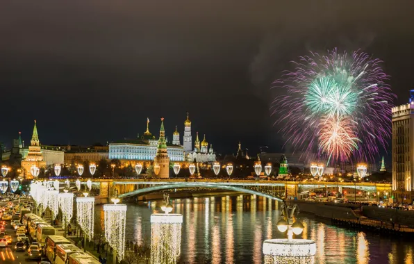 Картинка ночь, город, салют, Москва, Россия